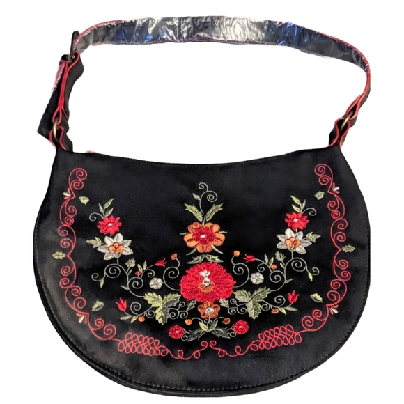 Avon Handbags - Avon NWOT Red Floral Embroidered Black Fabric Adjustable Strap Crossbody Bag
